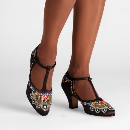 Daisy Embroidered T-Straps (Black)