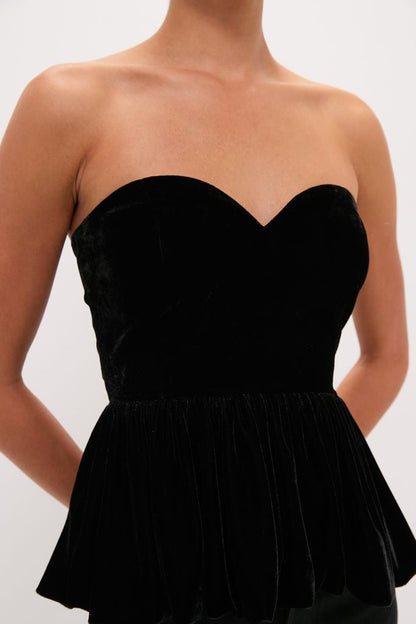 Black Velvet Peplum Strapless Tudor Blouse