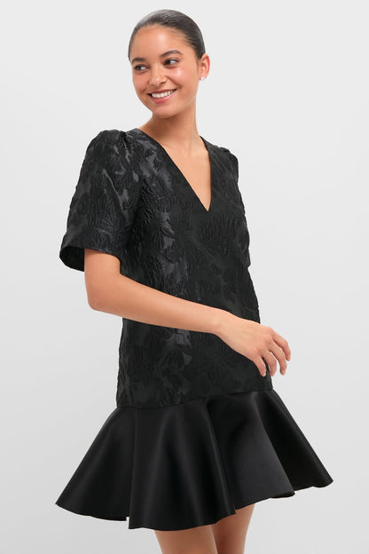 Black Satin Cloque Mini V-Neck Dress