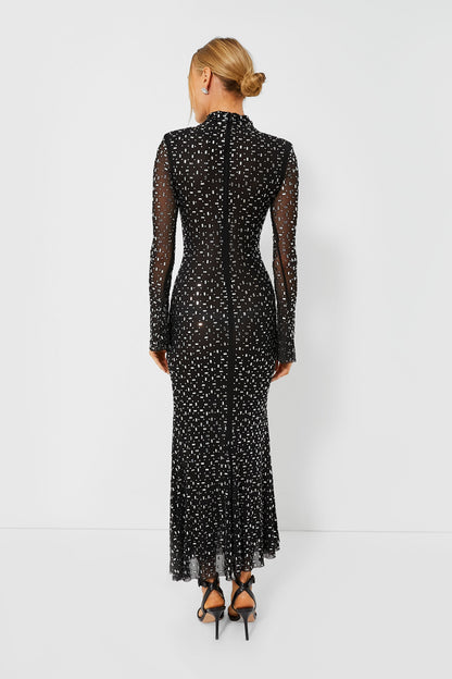 Black Square Rhinestone Mesh Midi Dress