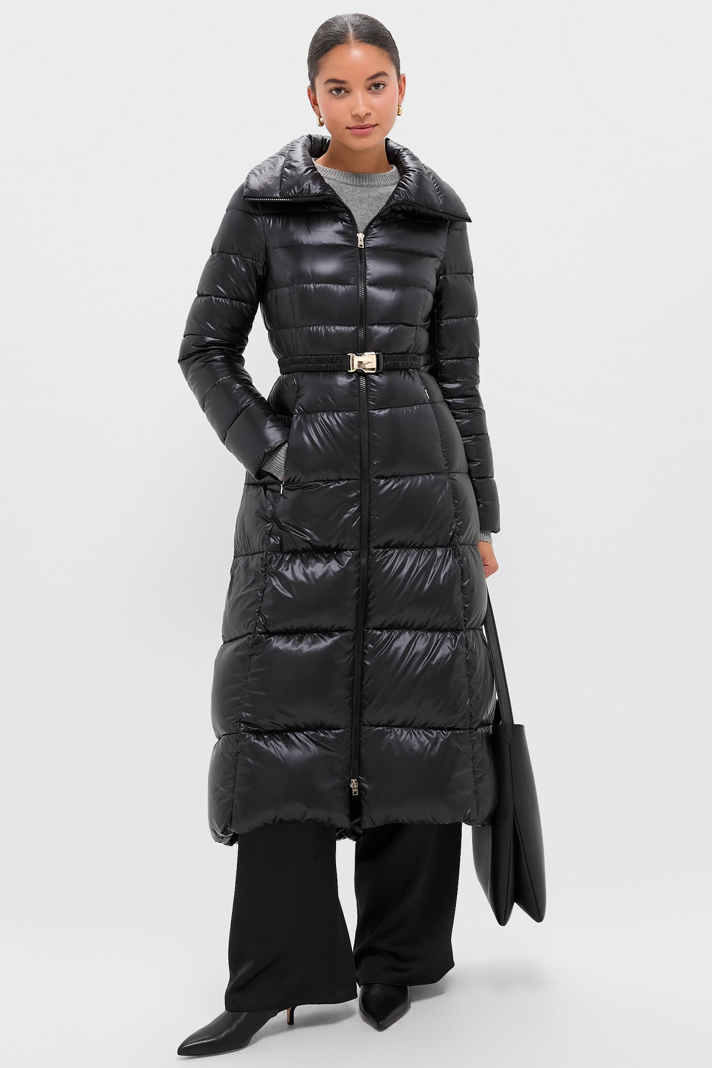 Black Nylon Ultralight Quilted Maxi Coat with Elastic Belt