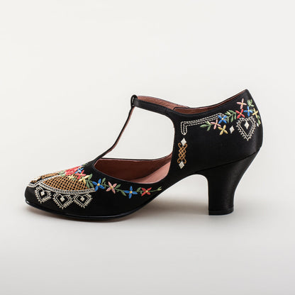 Daisy Embroidered T-Straps (Black)