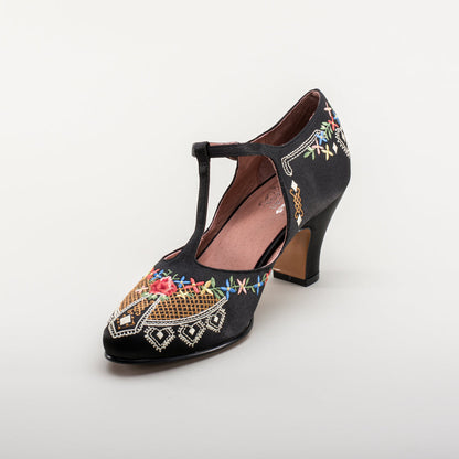 Daisy Embroidered T-Straps (Black)