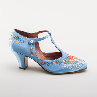 Daisy Embroidered T-Straps (Blue)