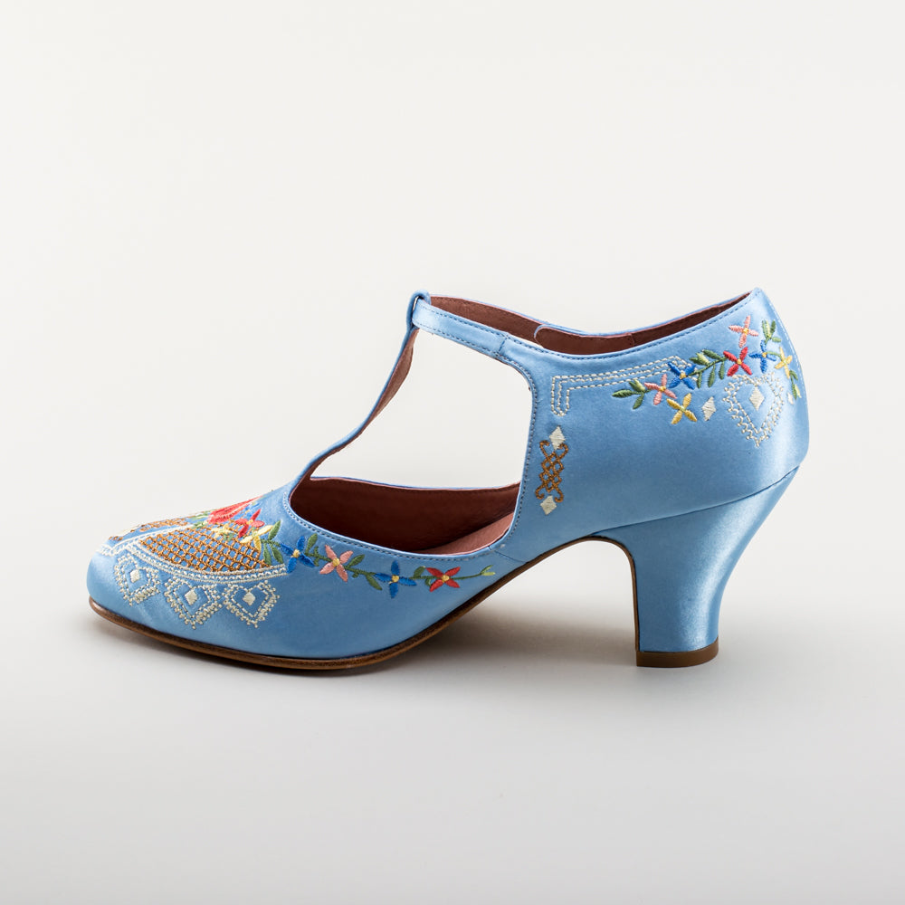 Daisy Embroidered T-Straps (Blue)