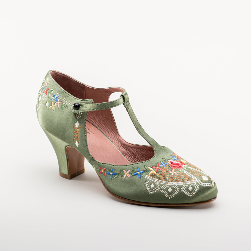 Daisy Embroidered T-Straps (Green)