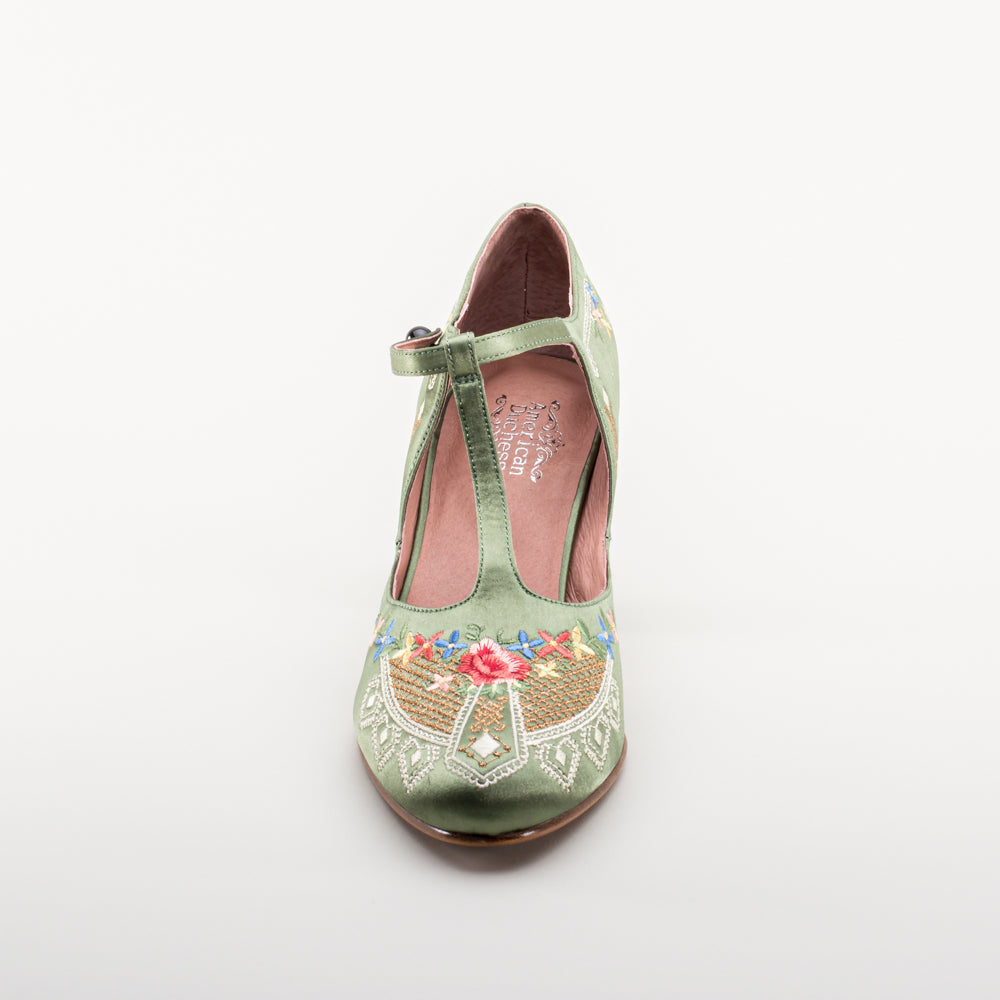 Daisy Embroidered T-Straps (Green)