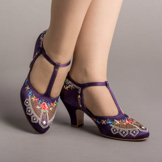 Daisy Embroidered T-Straps (Purple)