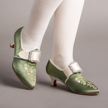 Primrose 18th Century Shoes (Green/Ivory)