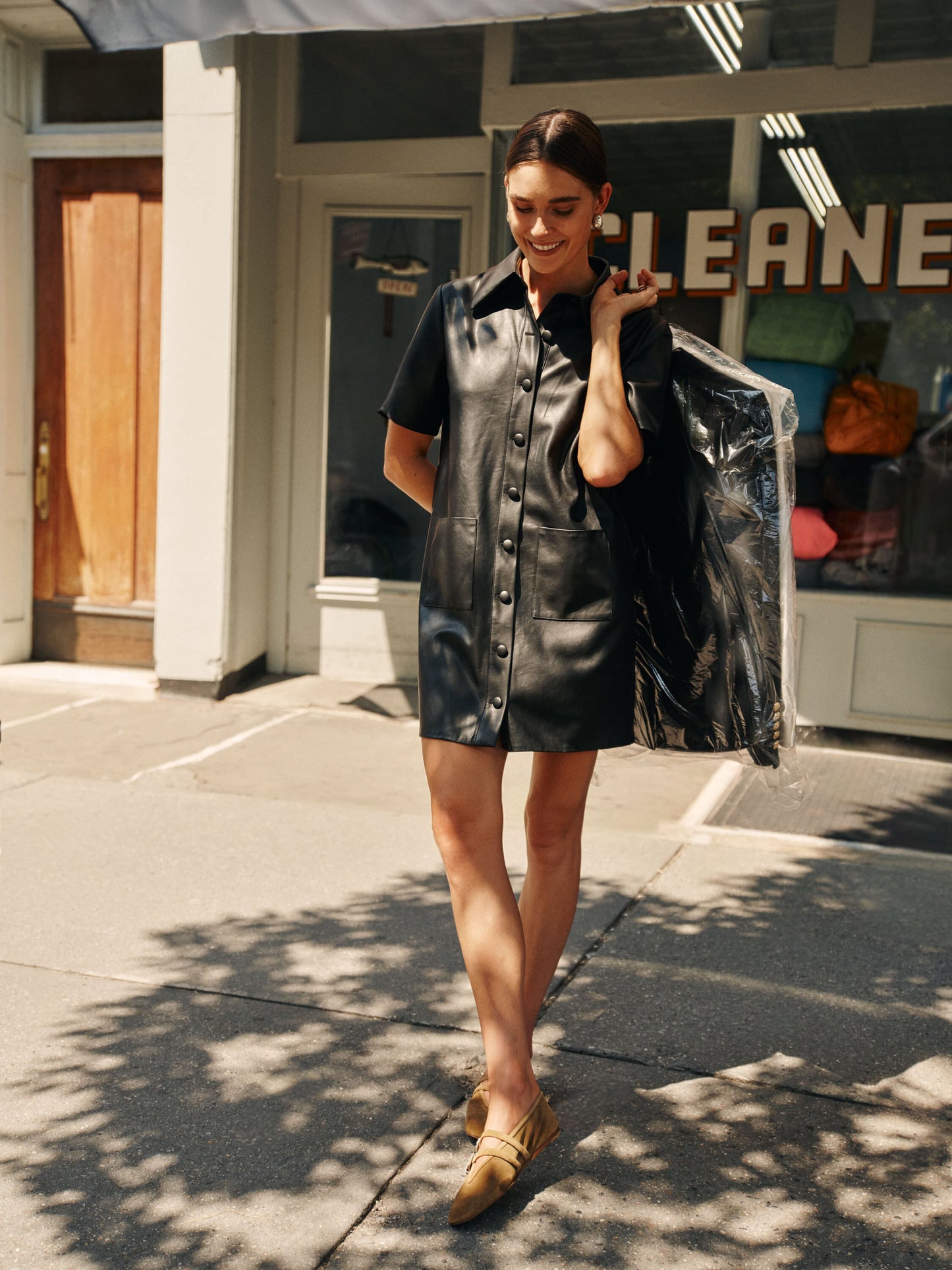 Black Leather Violetta Shirt Dress