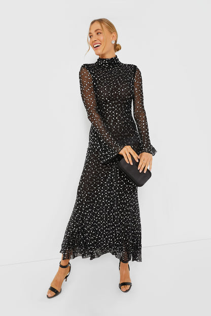 Black Square Rhinestone Mesh Midi Dress