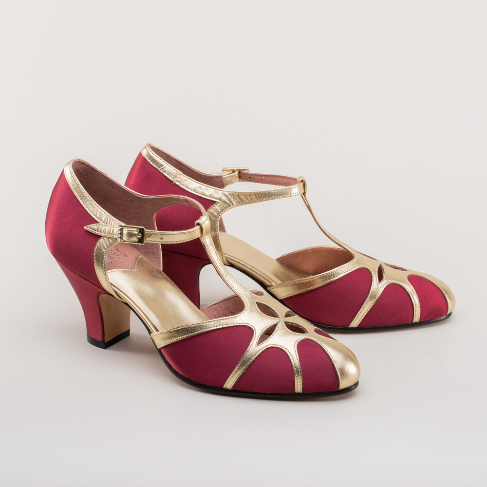 Lilith Vintage Flapper T-Straps Wide (Burgundy/Gold)