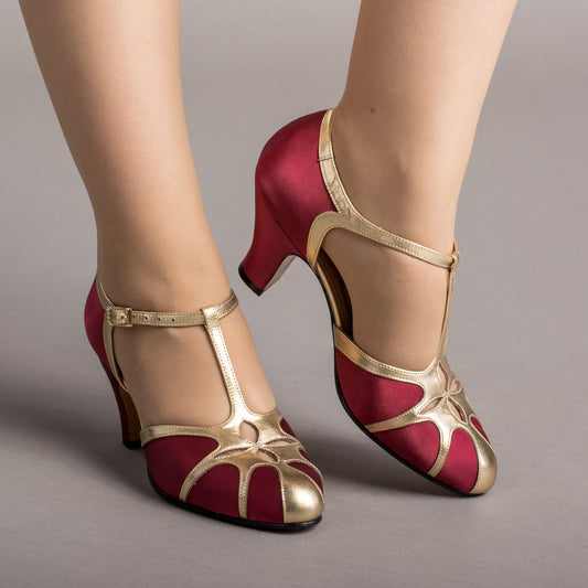 Lilith Vintage Flapper T-Straps Wide (Burgundy/Gold)