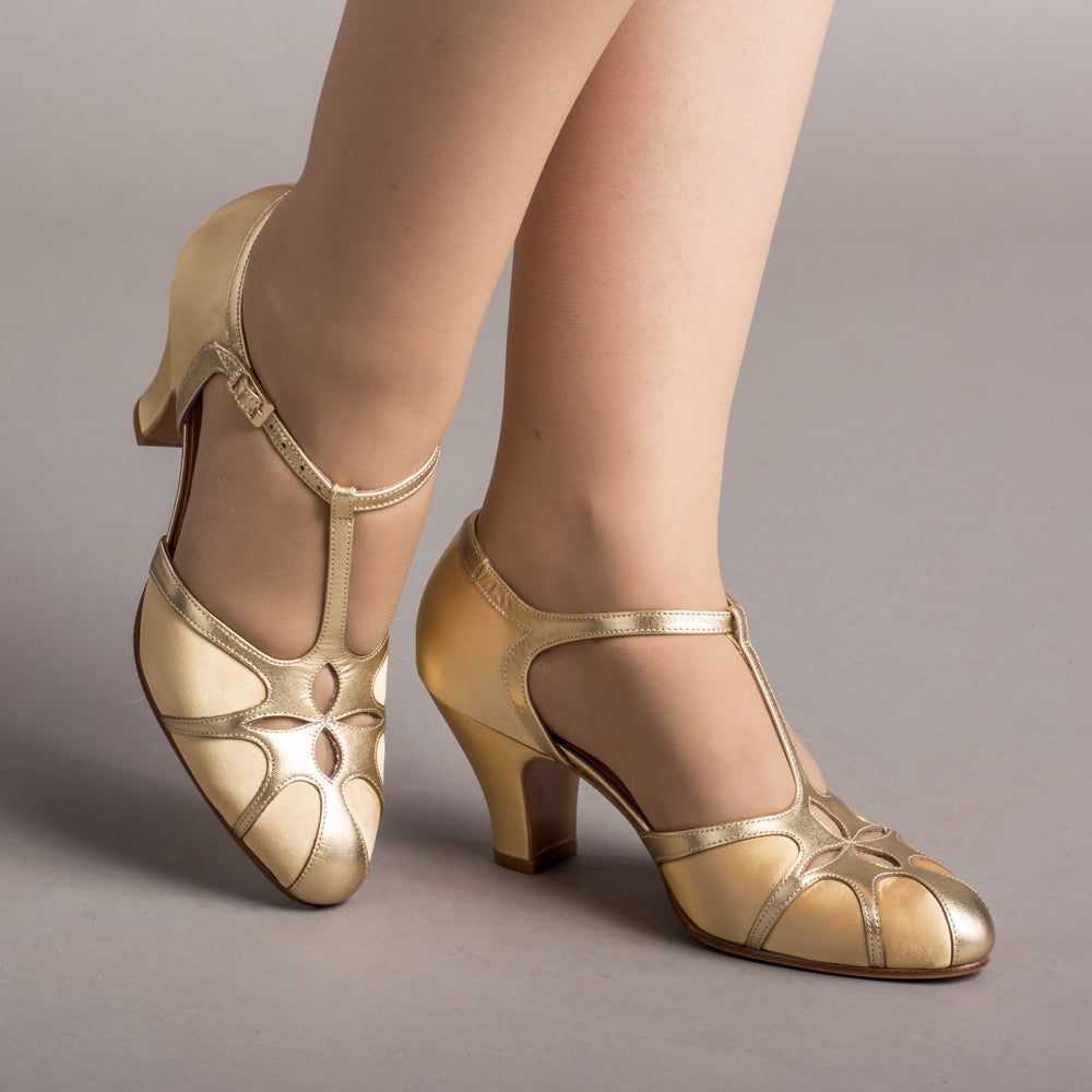 Lilith Vintage Flapper T-Straps Wide (Gold/Gold)