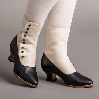 Manhattan Victorian Cloth-Top Button Boots (Ivory/Black)