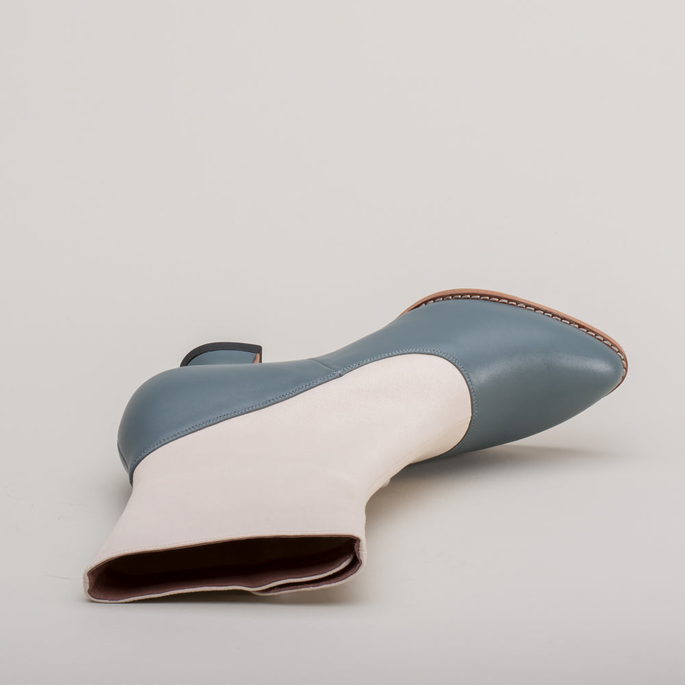 Manhattan Victorian Cloth-Top Button Boots (Ivory/French Blue)
