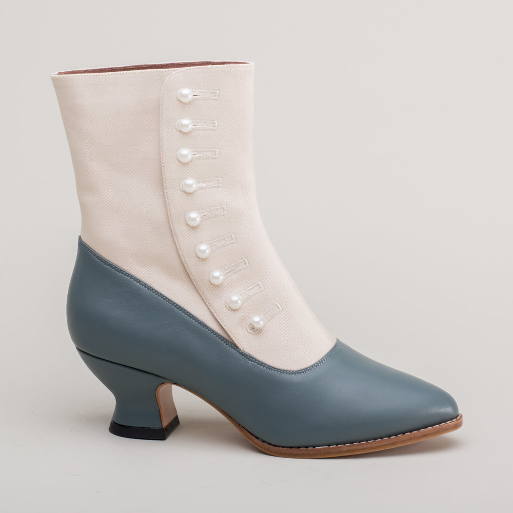 Manhattan Victorian Cloth-Top Button Boots (Ivory/French Blue)