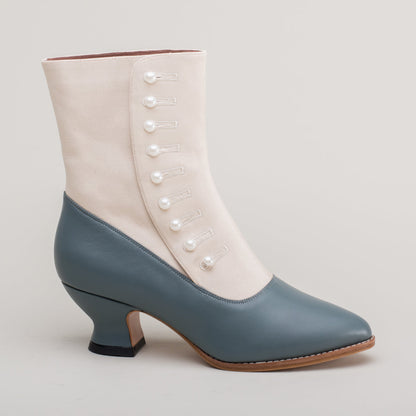 Manhattan Victorian Cloth-Top Button Boots (Ivory/French Blue)