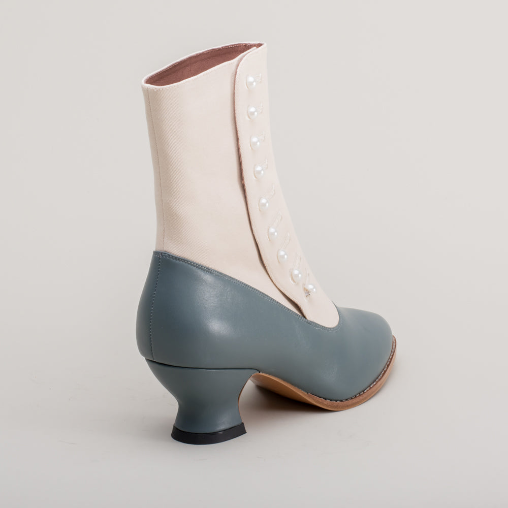 Manhattan Victorian Cloth-Top Button Boots (Ivory/French Blue)