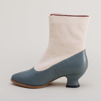 Manhattan Victorian Cloth-Top Button Boots (Ivory/French Blue)