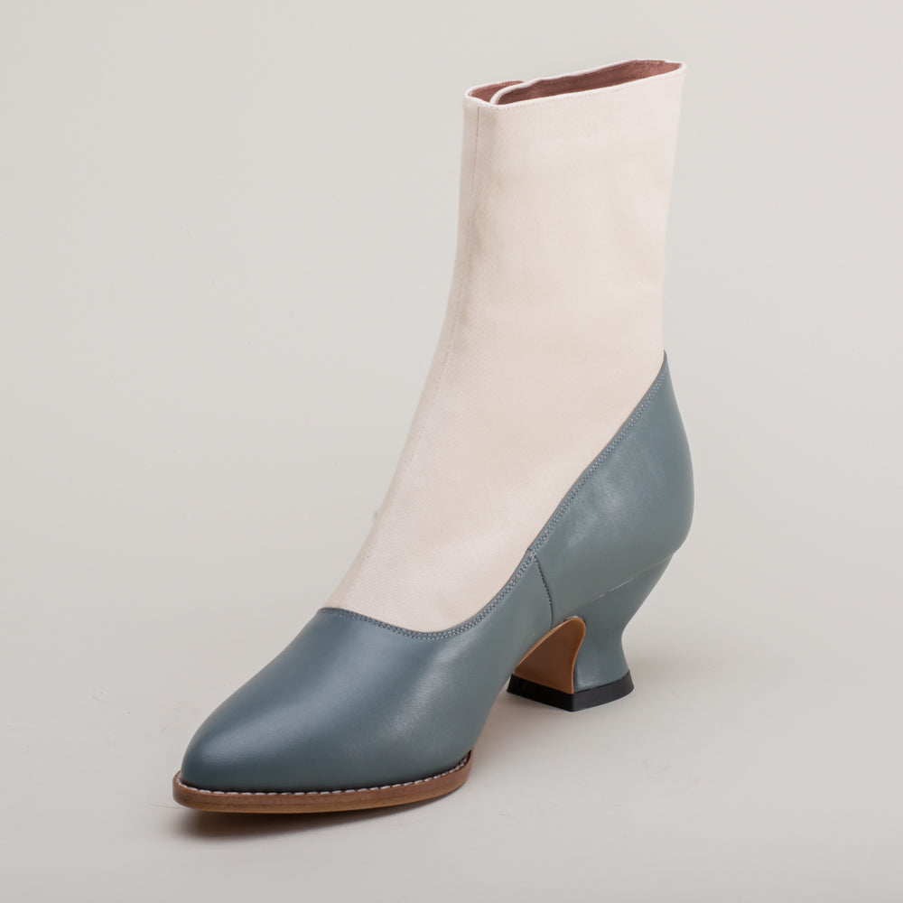 Manhattan Victorian Cloth-Top Button Boots (Ivory/French Blue)