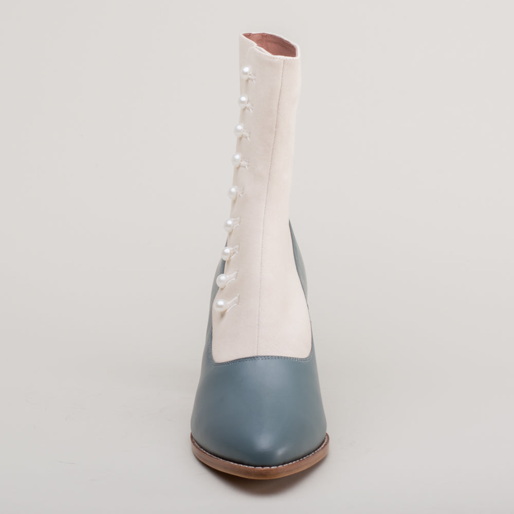 Manhattan Victorian Cloth-Top Button Boots (Ivory/French Blue)