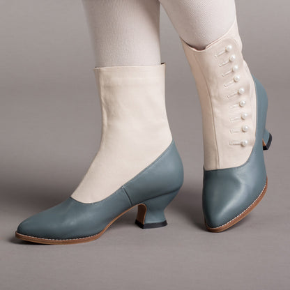 Manhattan Victorian Cloth-Top Button Boots (Ivory/French Blue)