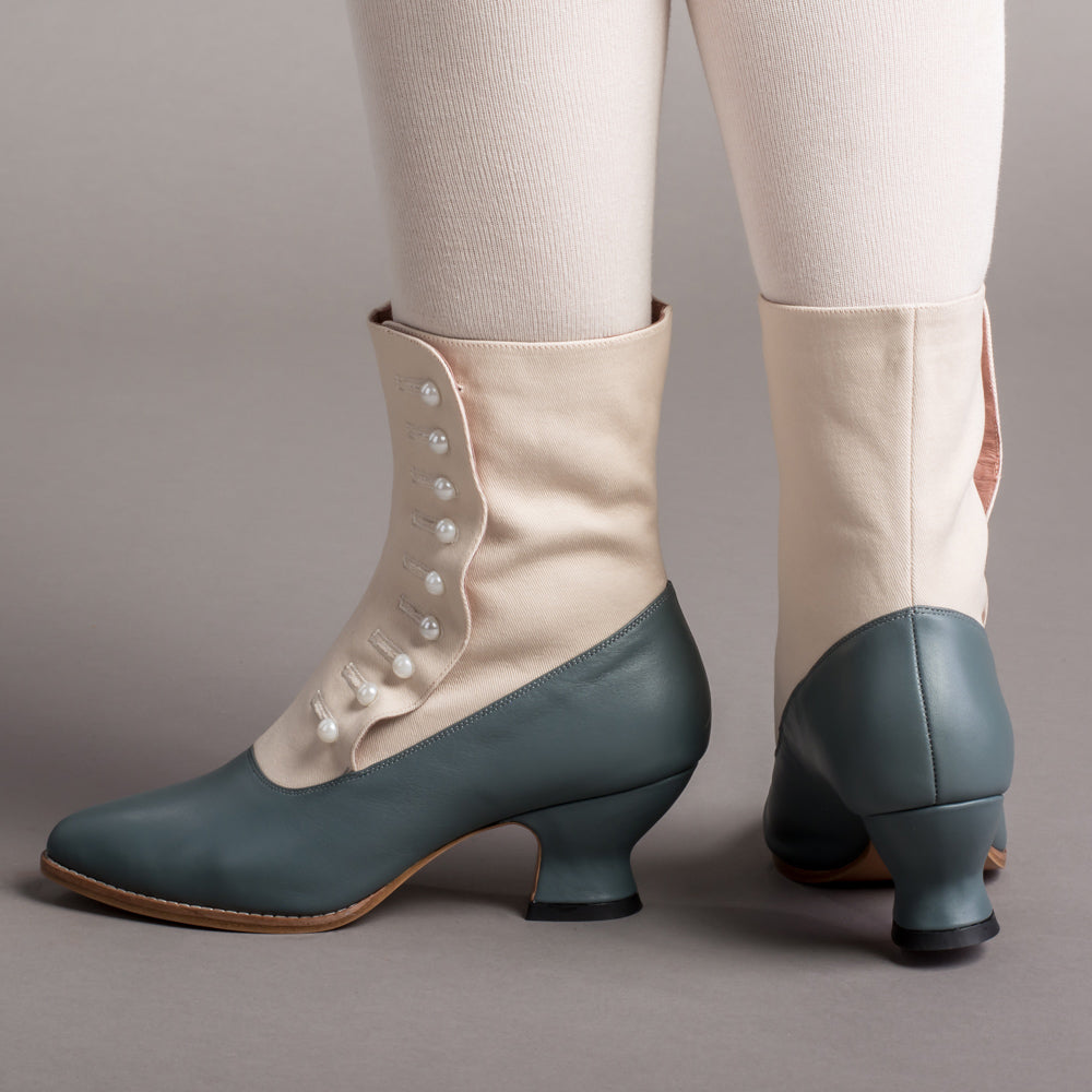 Manhattan Victorian Cloth-Top Button Boots (Ivory/French Blue)