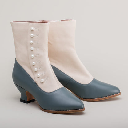 Manhattan Victorian Cloth-Top Button Boots (Ivory/French Blue)