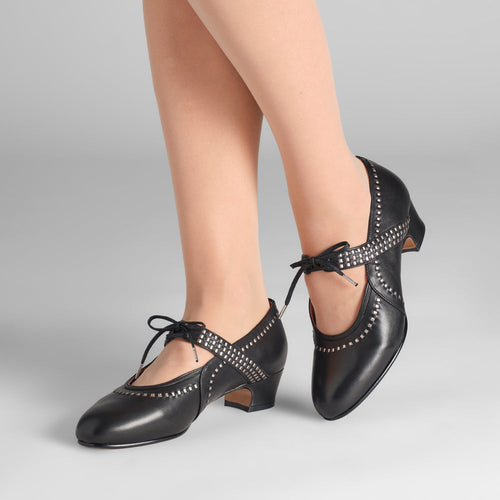 PRE-ORDER Margaret 1920s Shoes Wide (Black/Pewter)